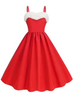 Clearance Retro Stage 1950s Solid Fur Collar Christmas Dress