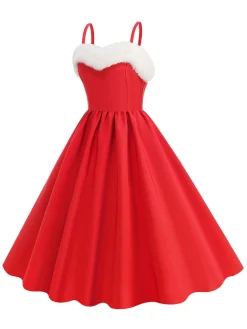 Clearance Retro Stage 1950s Solid Fur Collar Christmas Dress