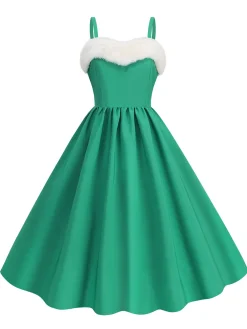 Clearance Retro Stage 1950s Solid Fur Collar Christmas Dress