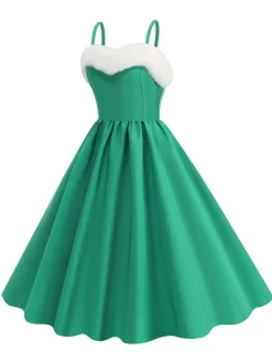 Clearance Retro Stage 1950s Solid Fur Collar Christmas Dress