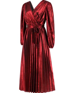 New Retro Stage 1940s Solid Glossy V-Neck Shift Dress