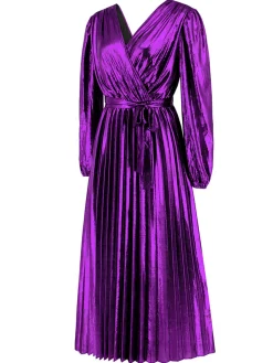 New Retro Stage 1940s Solid Glossy V-Neck Shift Dress