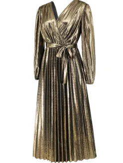 New Retro Stage 1940s Solid Glossy V-Neck Shift Dress