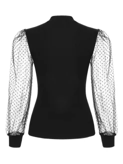 Clearance Retro Stage 1960s Solid Half Turtleneck Puff Sleeve Knitted Top Black