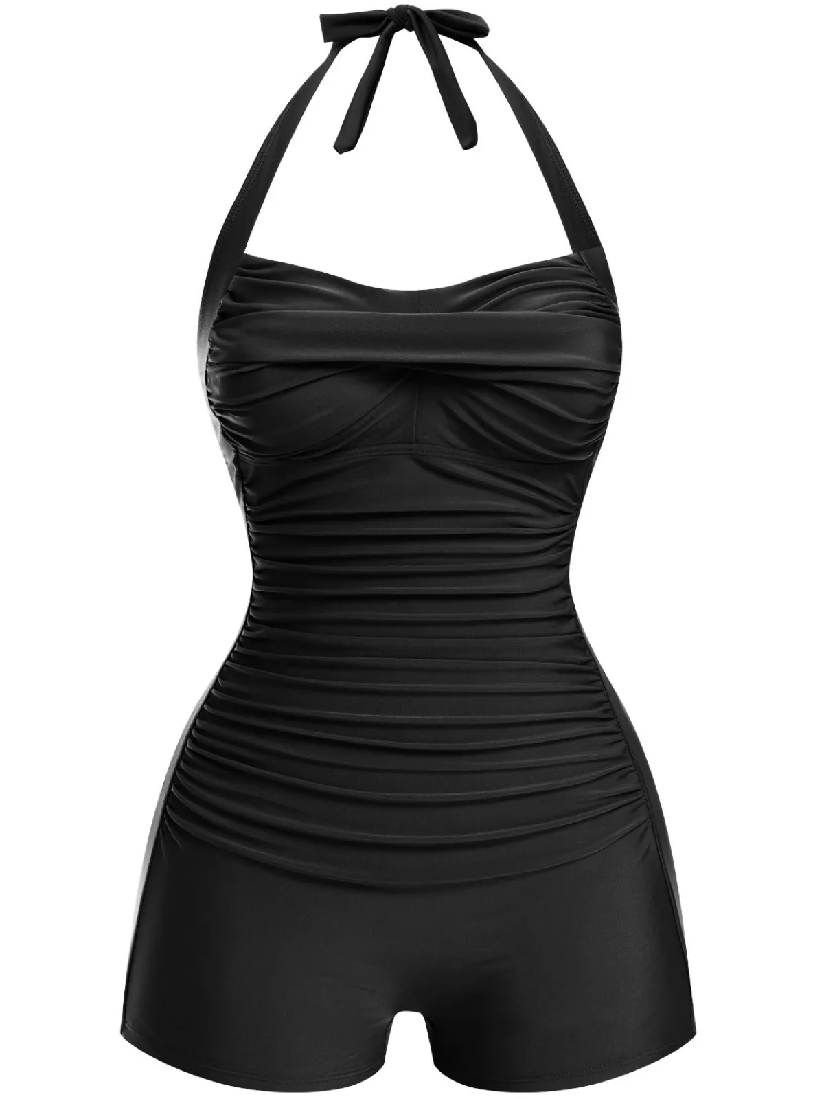 New Retro Stage 1950s Solid Halter Boxer One-Piece Swimsuit