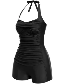 New Retro Stage 1950s Solid Halter Boxer One-Piece Swimsuit