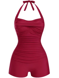 New Retro Stage 1950s Solid Halter Boxer One-Piece Swimsuit