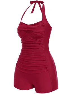 New Retro Stage 1950s Solid Halter Boxer One-Piece Swimsuit