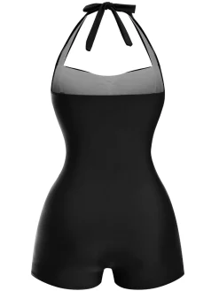 New Retro Stage 1950s Solid Halter Boxer One-Piece Swimsuit