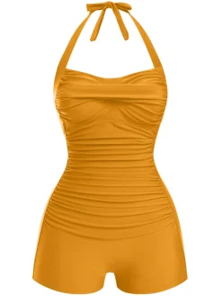 New Retro Stage 1950s Solid Halter Boxer One-Piece Swimsuit
