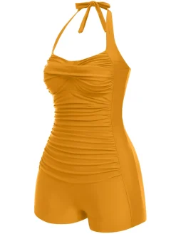 New Retro Stage 1950s Solid Halter Boxer One-Piece Swimsuit