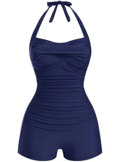 New Retro Stage 1950s Solid Halter Boxer One-Piece Swimsuit