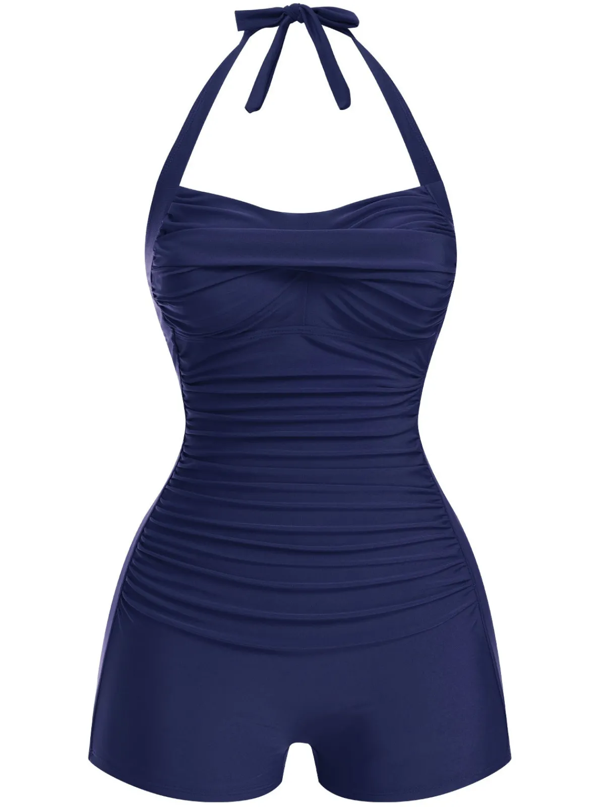 New Retro Stage 1950s Solid Halter Boxer One-Piece Swimsuit