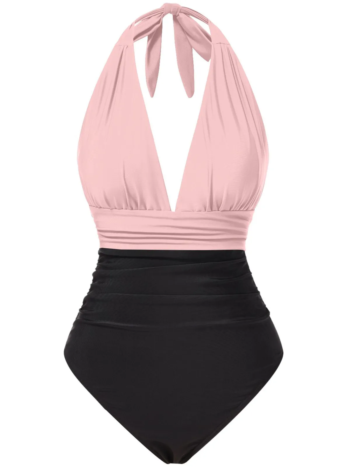 New Retro Stage 1930s Solid Halter Patchwork One-Piece Swimsuit