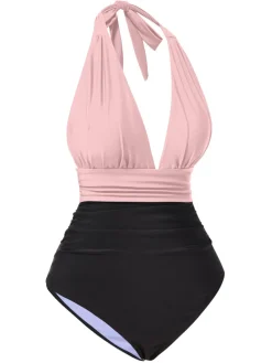 New Retro Stage 1930s Solid Halter Patchwork One-Piece Swimsuit