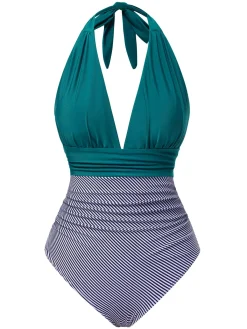 New Retro Stage 1930s Solid Halter Patchwork One-Piece Swimsuit