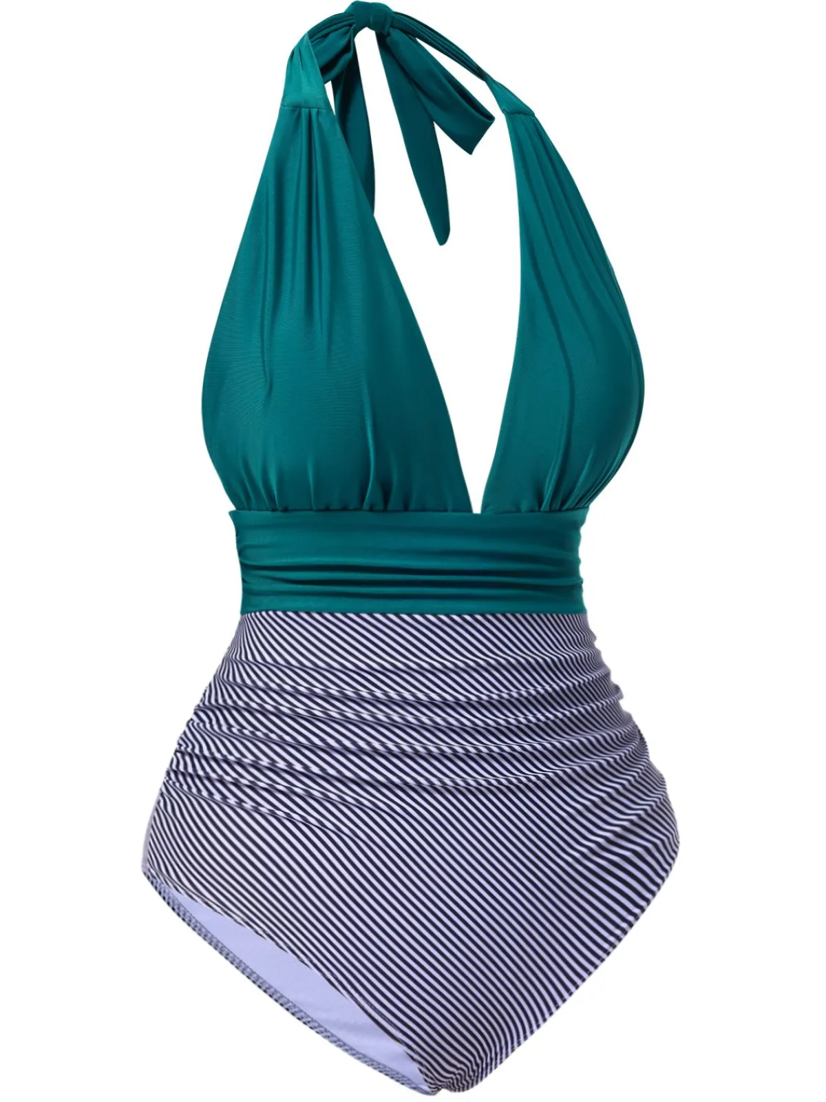 New Retro Stage 1930s Solid Halter Patchwork One-Piece Swimsuit