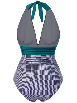 New Retro Stage 1930s Solid Halter Patchwork One-Piece Swimsuit