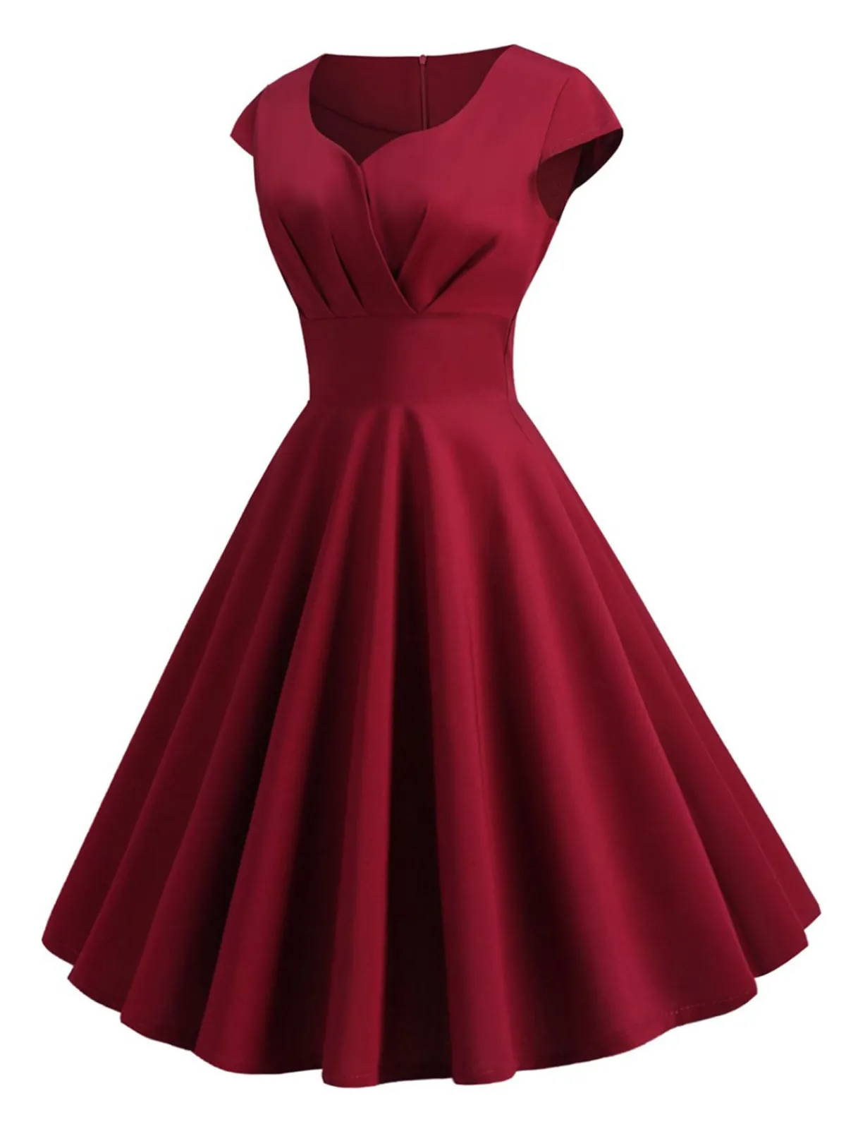 Discount Retro Stage 1950s Solid Heart Neck Short Sleeve Dress