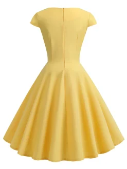 Discount Retro Stage 1950s Solid Heart Neck Short Sleeve Dress