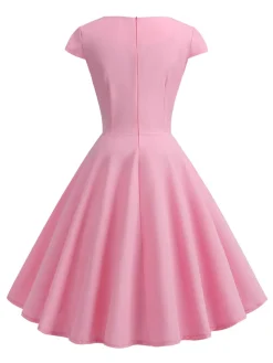 Discount Retro Stage 1950s Solid Heart Neck Short Sleeve Dress
