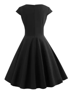 Discount Retro Stage 1950s Solid Heart Neck Short Sleeve Dress