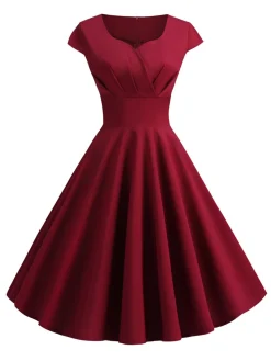 Discount Retro Stage 1950s Solid Heart Neck Short Sleeve Dress