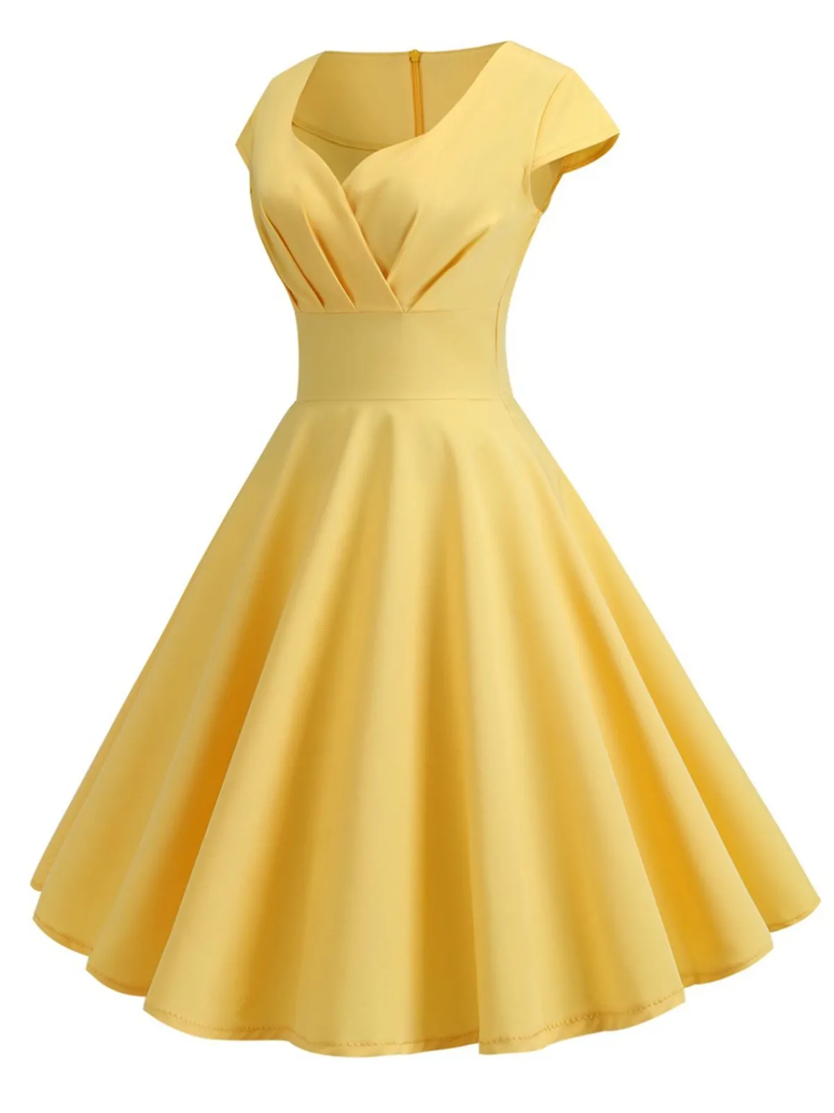 Online Retro Stage 1950s Solid Heart Neck Short Sleeve Dress
