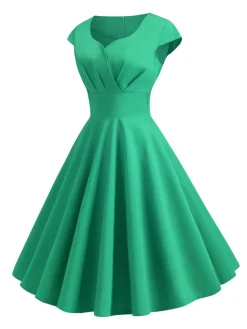 Online Retro Stage 1950s Solid Heart Neck Short Sleeve Dress