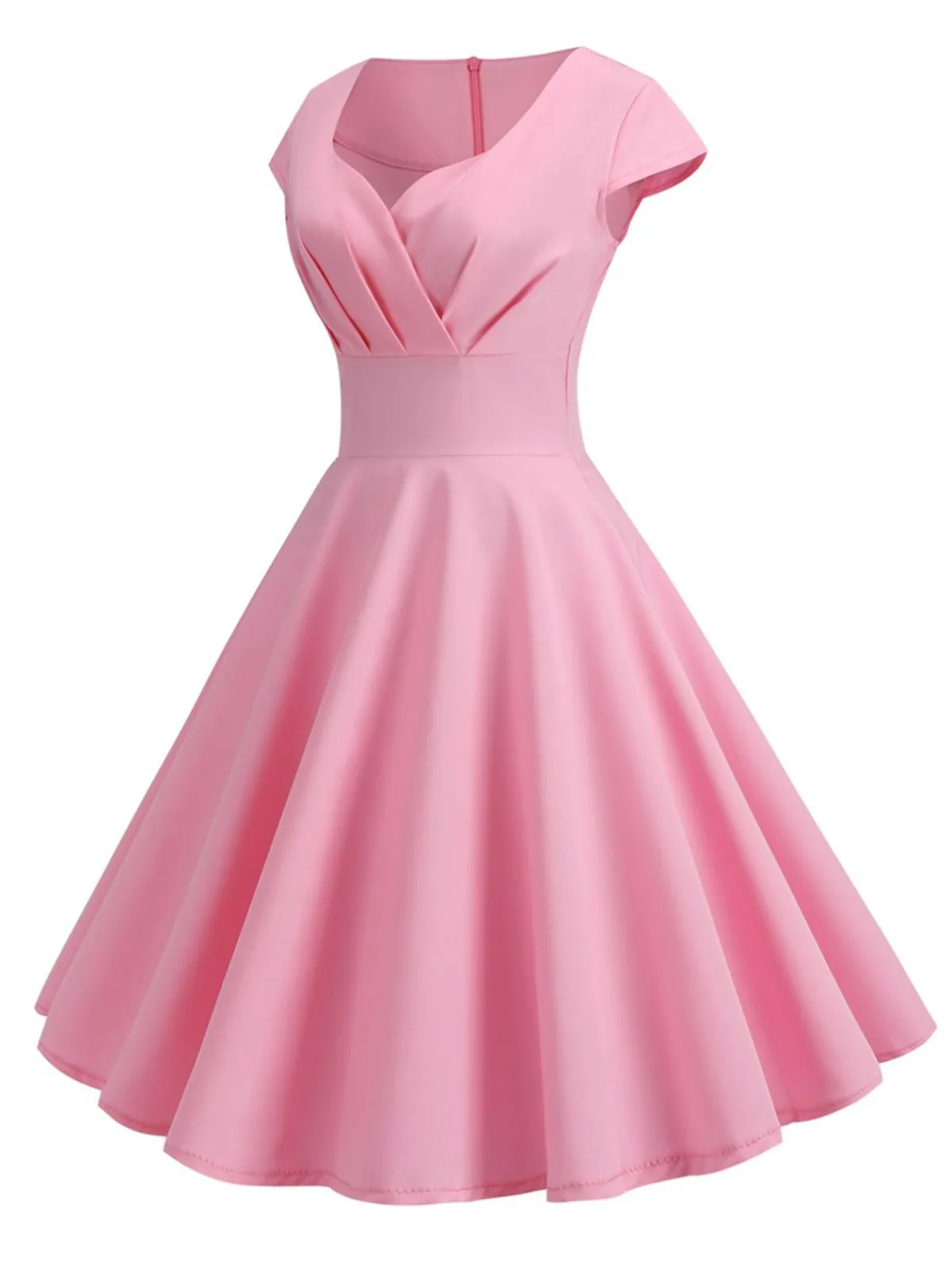 Online Retro Stage 1950s Solid Heart Neck Short Sleeve Dress