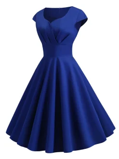 Fashion Retro Stage 1950s Solid Heart Neck Short Sleeve Dress