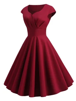 Fashion Retro Stage 1950s Solid Heart Neck Short Sleeve Dress