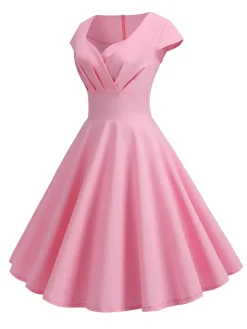 Hot Retro Stage 1950s Solid Heart Neck Short Sleeve Dress