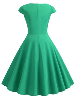 Sale Retro Stage 1950s Solid Heart Neck Short Sleeve Dress