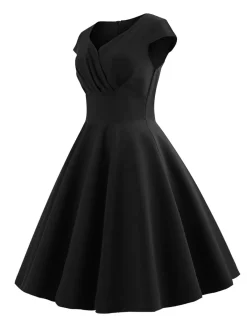 Sale Retro Stage 1950s Solid Heart Neck Short Sleeve Dress