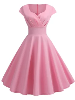 Best Retro Stage 1950s Solid Heart Neck Short Sleeve Dress