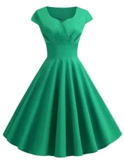 Best Retro Stage 1950s Solid Heart Neck Short Sleeve Dress