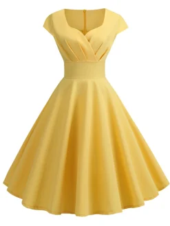Best Retro Stage 1950s Solid Heart Neck Short Sleeve Dress