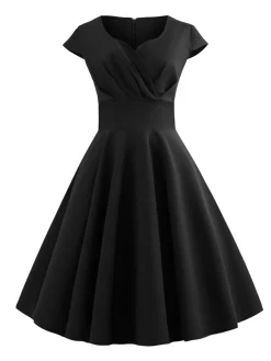 Best Retro Stage 1950s Solid Heart Neck Short Sleeve Dress