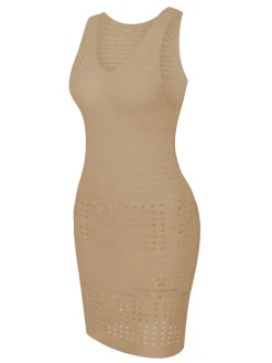Discount Retro Stage 1960s Solid Hollow Out Sleeveless Knit Dress