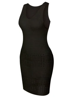Discount Retro Stage 1960s Solid Hollow Out Sleeveless Knit Dress