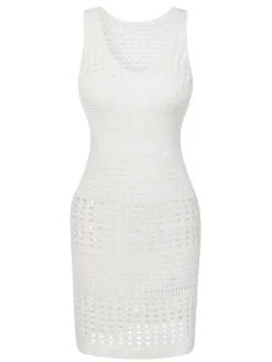 Discount Retro Stage 1960s Solid Hollow Out Sleeveless Knit Dress