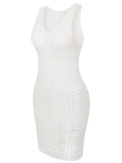 Discount Retro Stage 1960s Solid Hollow Out Sleeveless Knit Dress