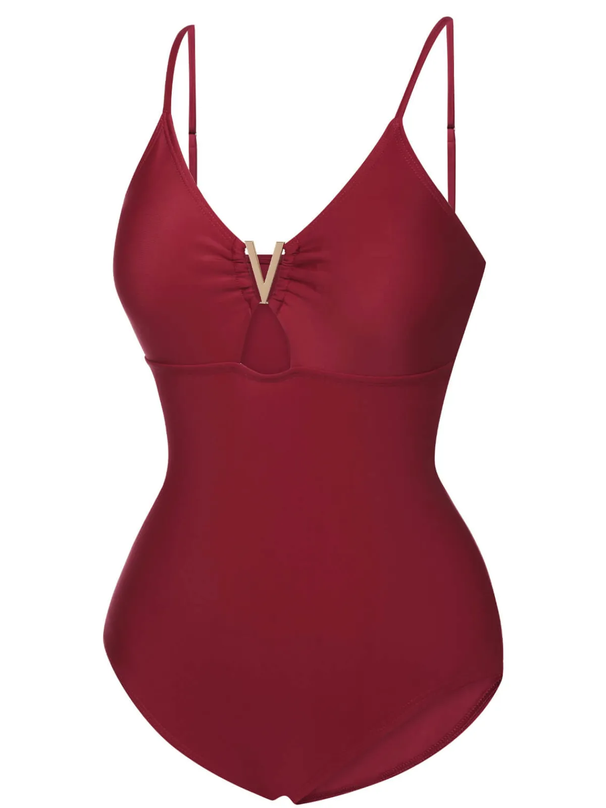 Outlet Retro Stage 1950s Solid Hollow V-Neck One-Piece Swimsuit