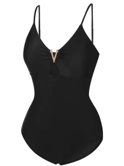 Outlet Retro Stage 1950s Solid Hollow V-Neck One-Piece Swimsuit