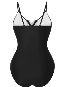 Outlet Retro Stage 1950s Solid Hollow V-Neck One-Piece Swimsuit