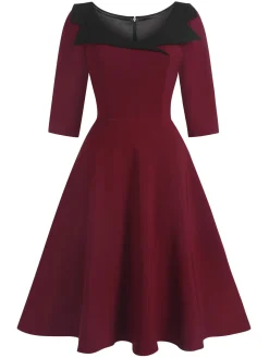Outlet Retro Stage 1950s Solid Irregular Collar Half Sleeves Dress