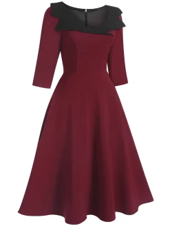 Outlet Retro Stage 1950s Solid Irregular Collar Half Sleeves Dress