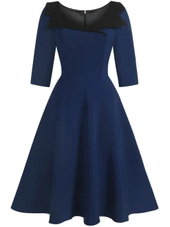 Outlet Retro Stage 1950s Solid Irregular Collar Half Sleeves Dress