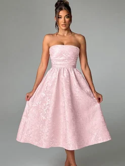 Clearance Retro Stage 1950s Solid Jacquard Floral Bandeau Lace-Up Dress